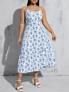 Women's white floral spaghetti strap A-line midi dress with blue flower patterns