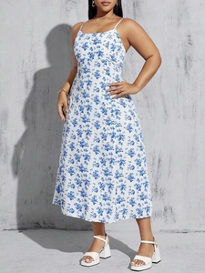 Summer floral A-line sundress with spaghetti straps and high waist for women