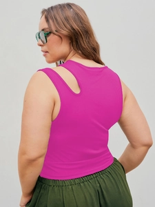 Detail of fuchsia knit rib tank top featuring stylish shoulder cut-out design and texture