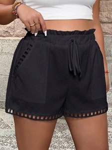 Women high waist black casual shorts with drawstring waist and hollow knit trim