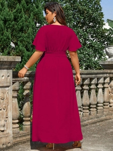 Plus size rose red V-neck maxi dress with ruffled sleeves and high elastic waist