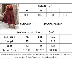 Plus size dress size chart showing measurements for 1XL to 3XL in 100% polyester fabric