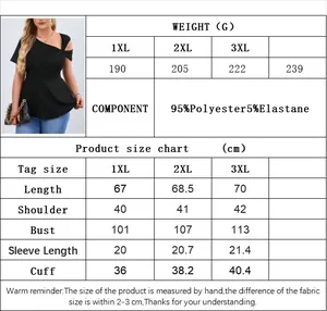 Detailed size chart for plus size off-shoulder t-shirt with 1XL to 3XL measurements