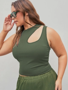 Detail of dark green ribbed knit sleeveless top featuring unique oval neck cutout design