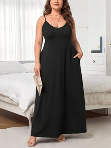 Plus size black sleeveless maxi dress with V-neckline and functional side pockets