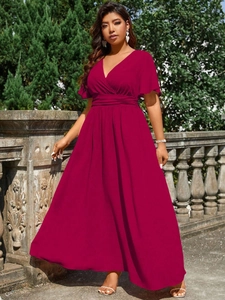 Deep red V-neck maxi dress with ruffled sleeves and high waist for casual beach vacations
