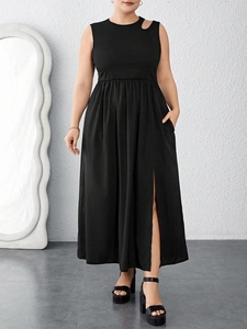 Robe Maxi Sans Manches Grande Taille Col Rond Avec Découpe Épaule Taille Haute Fente Latérale Robe Décontractée Été Femme