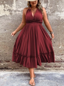 Plus size wine red halter neck maxi dress with elastic high waist and tiered ruffle hem