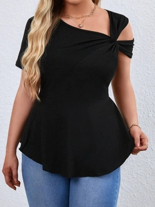 Plus size black off-shoulder peplum top with shoulder knot detail and short sleeves