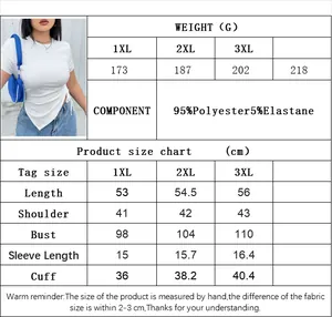 Detailed size chart for plus size women's white short sleeve t-shirt with fabric specs