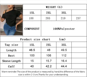 Size chart for women's plus size off-shoulder t-shirt with measurements and fabric data