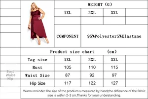 Size chart detail for red satin plus size evening dress with 1XL to 3XL measurements