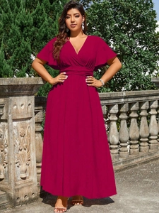Plus size deep V-neck maxi dress with butterfly sleeves and pleated waist in dark rose pink
