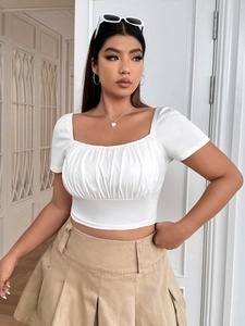 Plus Size Women's Elegant Ruched Square Neck Short Sleeve T-Shirt Solid Color Slim Fit Summer Crop Top Casual Fashion Shirt