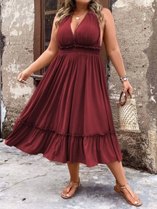 Women's plus size deep red halter V-neck midi dress for summer vacation and resort style