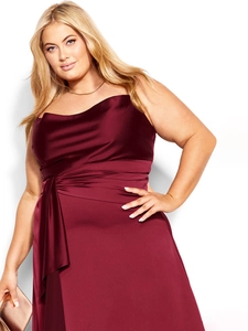 Elegant plus size burgundy satin strapless dress with draped neckline and waist tie