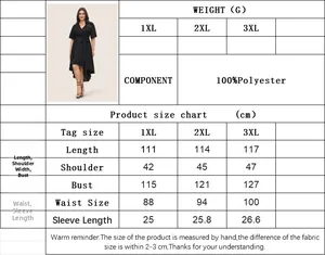 Detailed size chart for plus size V-neck dress with measurements from 1XL to 3XL