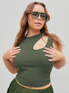 Close-up of military green ribbed knit tank top with unique diagonal cutout detail