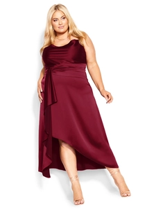 Plus size burgundy satin sleeveless dress with draped waist and asymmetrical hemline