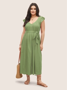 Robe Midi Grande Taille pour Femme Vert Sauge Col en V Avec Manches à Volants et Taille à Nouer Plissée en Coton Décontractée