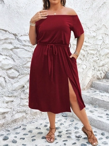 Robe Midi Grande Taille Femme Rouge Vin Épaules Dénudées Manches Courtes Avec Ceinture Taille Haute Fente Vacances Plage Été Mélange Coton