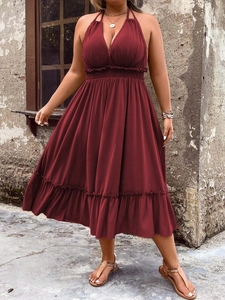 Women Plus Size Halter V-Neck Midi Dress Smocked High Waist Ruffle Hem Knitted Holiday Style Wine Red Vacation Dresses