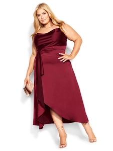 Elegant plus size burgundy satin camisole dress with pleated waist and irregular hem for galas