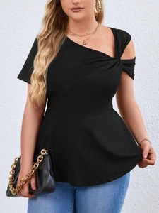 Women Plus Size Asymmetric Cold Shoulder T-Shirt Sexy Ruched Peplum Top Knot Detail Solid Color Short Sleeve Summer Fashion Top