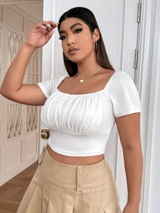Elegant white square neck crop top with ruched bust detail and short sleeves for women