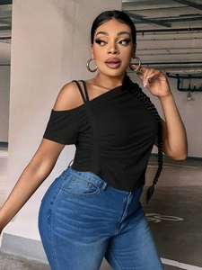 Slim fit black off-shoulder ribbed t-shirt with side drawstring detail for women
