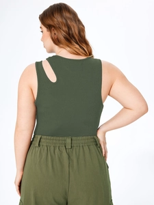 Detail view of the asymmetric cutout shoulder and ribbed texture on the back of olive green top