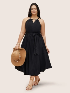 Damen Übergröße Halfter V-Ausschnitt Midi-Kleid Sexy Ärmellos Rückenfrei A-Linie Urlaub Sommer Strandkleid Mit Perlenverzierung