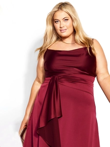 Plus size burgundy satin evening gown with a cowl neck and elegant draped waist detail