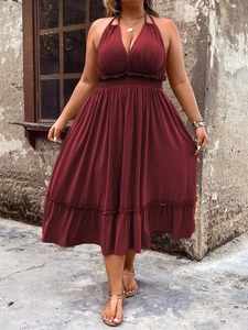 Plus size wine red halter midi dress with deep V-neck and ruffled hem for summer vacation