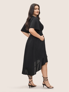 Elegant plus size black short sleeve dress with high-low irregular hem and cinched waist