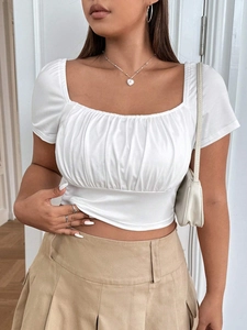 Elegant white square neck crop top with ruched bust detail and short sleeves for women