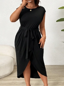 Women Plus Size Elegant Round Neck Short Sleeve Solid Color Midi Dress With Belt Asymmetric Hem Summer Daily Dress