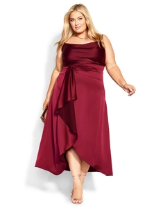 Plus Size Women Burgundy Satin Cami Dress Irregular Hem V-Neck Drape Party Evening Midi Dress Elegant Sleeveless Slip Dress