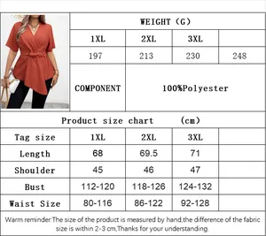 Size guide for women plus size V-neck wrap top showing weight and measurements in cm