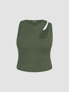 Detail of army green ribbed knit vest featuring a neckline cutout and inner size label