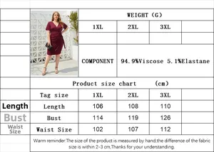 Detailed size chart for the plus size V-neck wrap dress in burgundy including measurements