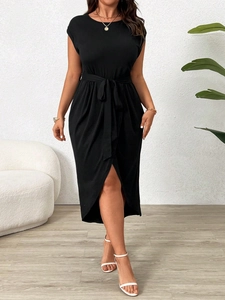 Elegant black crew neck short sleeve dress with waist tie and asymmetric split hem design