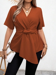 Elegant rust red V-neck wrap blouse with waist tie detail for stylish commute wear