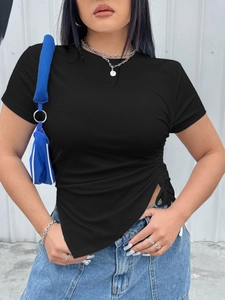Slim fit black short sleeve T-shirt with stylish side drawstring ruching for women