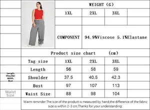 Size chart detail for red plus size tank top showing dimensions and fabric composition