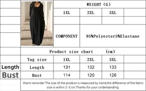 Size chart for women's plus size U-neck maxi dress with measurements and material details