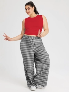 Women casual summer red sleeveless crop top vest paired with plaid wide-leg pants