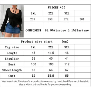 Size chart for women's plus size U-neck top with flare sleeves and viscose fabric details
