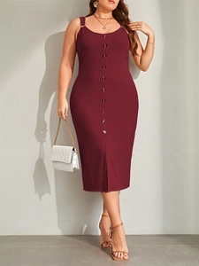Slim fit burgundy ribbed knit midi dress with button details and stylish side slit