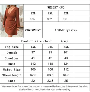 Size chart for plus size elegant wrap dress with 100% polyester fabric details